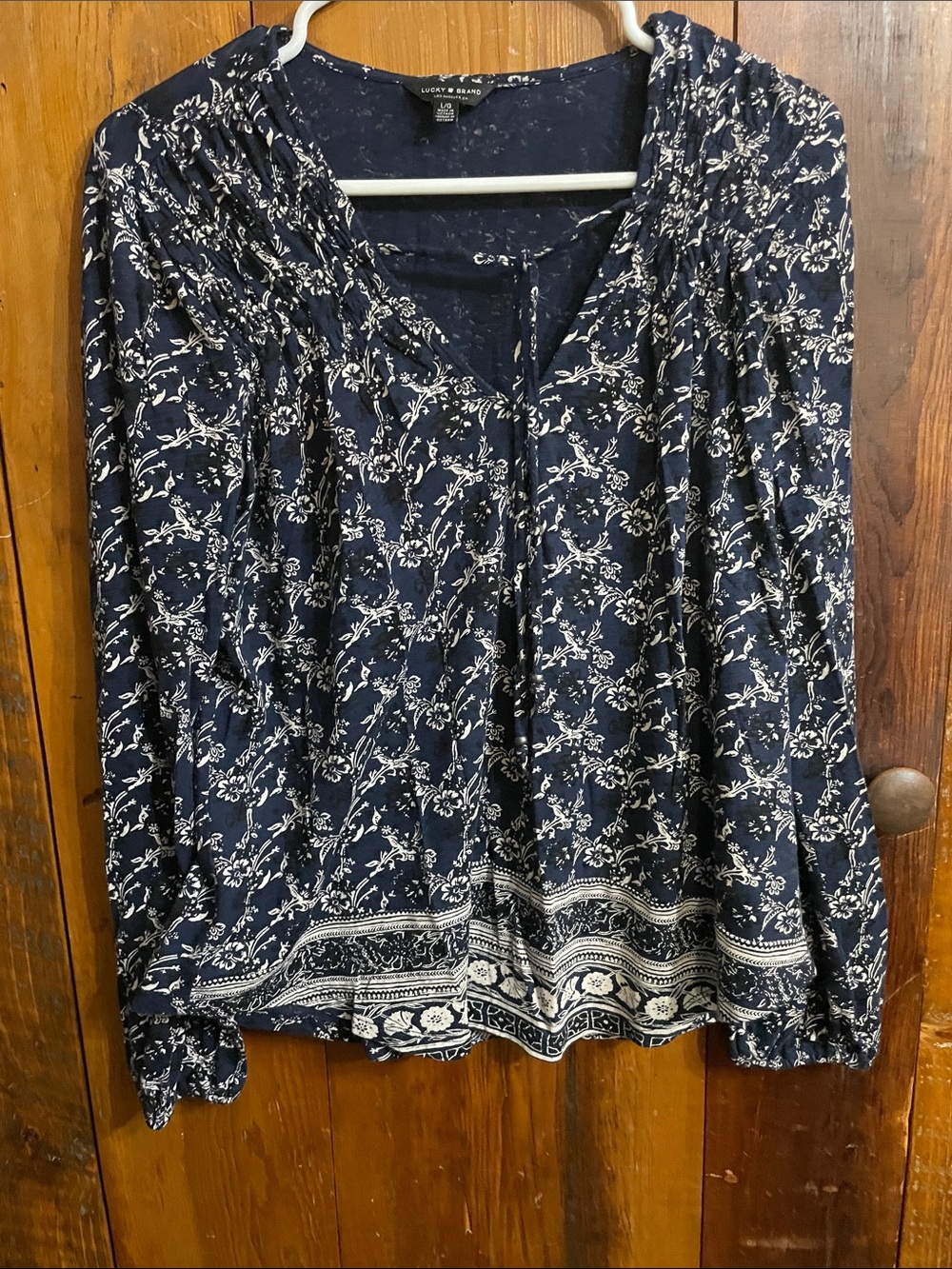 Lucky Brand Navy and Cream Floral Peasant Top